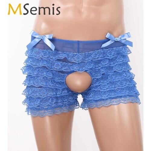 Mens Frilly Ruffled Layered Floral Lace Briefs Underwear Mid Rise Open Crotch Sexy Sissy Panties Male Gay Cheeky Boxer Lingerie