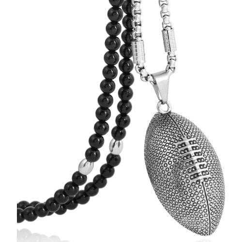 Men Black Natural Stone Bead Necklace,Stainless Steel Rugby Pendant Necklace Fashion Exercise Jewelry