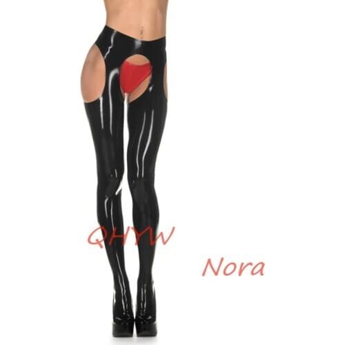 New Style Fetish Latex Suspender Tight with Red Brife Sexy Leggings with Socks Femals Rubber Latex Pantihose Latex Leggings