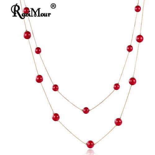 RAVIMOUR 4 Colos Red Simulated Pearl Necklace Women Long Chain Multilayer Choker Necklace Jewelry Trendy Sweater Accessories