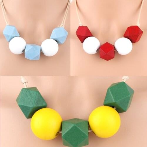 1Pc Vintage Wooden Beads Ball Chunky Necklaces Wax String Bohemia Handmade Women Hoilday Gift Statement Jewelry