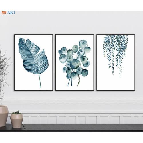 Botanical Leaf Art Print Blue Flower Poster Wall Art Minimalist Canvas Painting Wall Pictures Dining Room Kitchen Decor