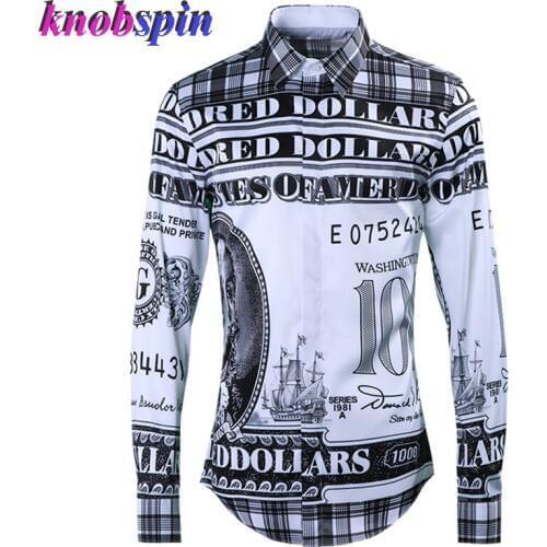 Fashion Dollar Print Shirt Men Slim Casual shirts long sleeve Turn-down collar high quality Plus size clothes male