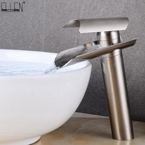 Vidric Bathroom Tall Waterfall Basin Sink Faucet Brush Nickel Hot and Cold Water Mixer Crane Tap Copper Chrome Finished ELF448H