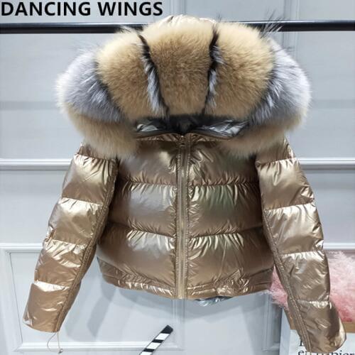 Womens Winter 90% White Duck Down Jacket Luxury Large Real Fox Fur Hooded Parka Warm Winter Jacket Pink Gold