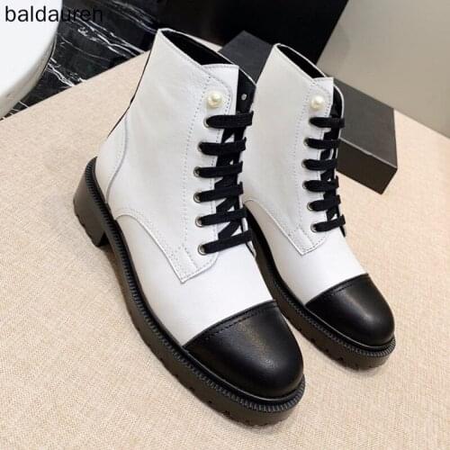 New Winter Genuine Leather Boots Round Toe Lace Up Pearl Square Heel Mixed Color High Quality Ankle Boots Winter Boots