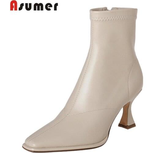 Asumer 2021 Plus Size 41 Thin High Heels Dress Party Shoes Women Ankle Boots Square Toe Zip Sexy Winter Stretch Boots Women