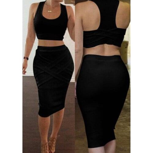Summer New Fashion Commuter Womens Outdoor Casual Collar Sleeveless Vest Tight Skirt Black Two Suits