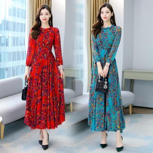 Retro Women Clothing 2021 Spring Autumn Long Sleeve Temperament Elegant Floral Print Long Chiffon Dress Female Vestidos zh1678