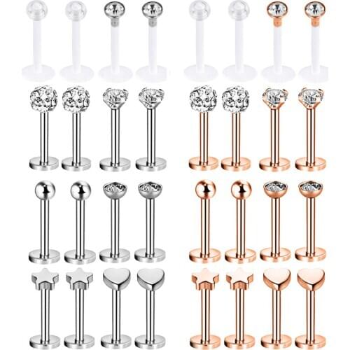 ZS 16pcs/lot 16G Stainless Steel Labret Ring Lip Piercing Ear Cartilage Lip Earrings Piercing Ombligo Ear Piercing Body Jewelry