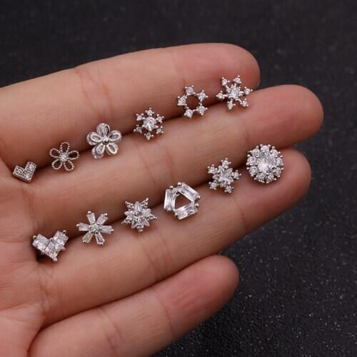 1 PCS Mix Design Trendy Small Star Flower Heart Shape Ear Stud Cuff Earring Cute Silver Color Zircon Copper Earrings Ear Jewelry