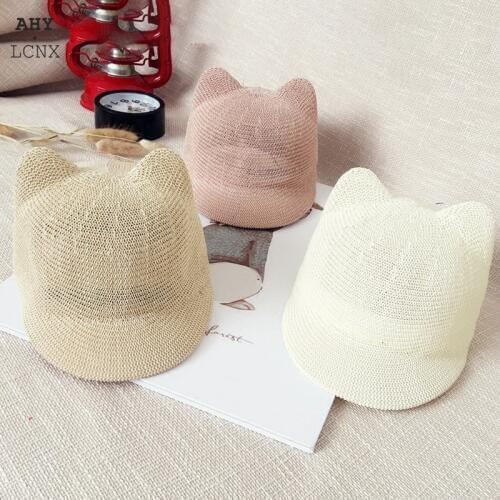 2020 New Summer Baby Straw Hats For Girl Boys Baseball Cap For Children Beach Hat Kids Sun Hat Cute Cat Ears Decoration Cap
