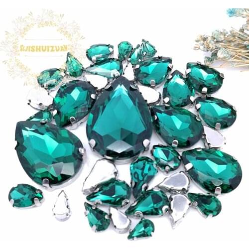 8 SIZES 35PCS Free shipping! Malachite green Water drop shape Glass Crystal sew on rhinestones with calw Diy wedding decoration