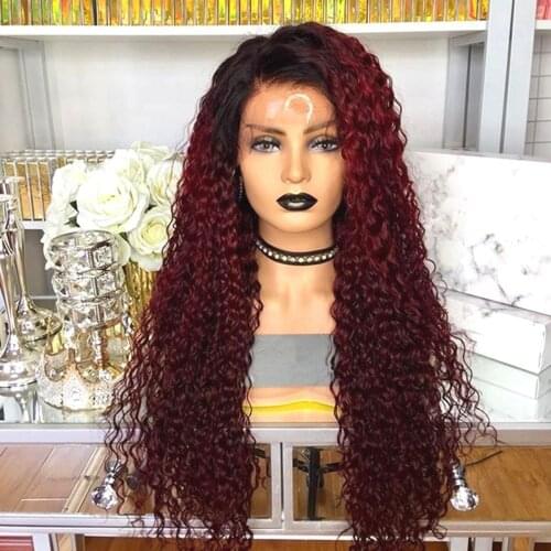 Side Part Kinky Curly Lace Front Wigs Synthetic Hair For Black Women 13X4 Ombre Wine Red/Blonde Lace Frontal Wig