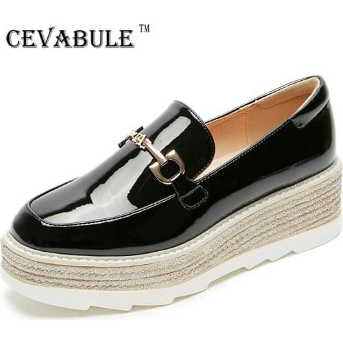 CAVABULE Patent Leather Metal Buckle Thick-soled Muffin Single Shoes Increased One Pedal Shallow Mouth Casual Womens Shoes HZB