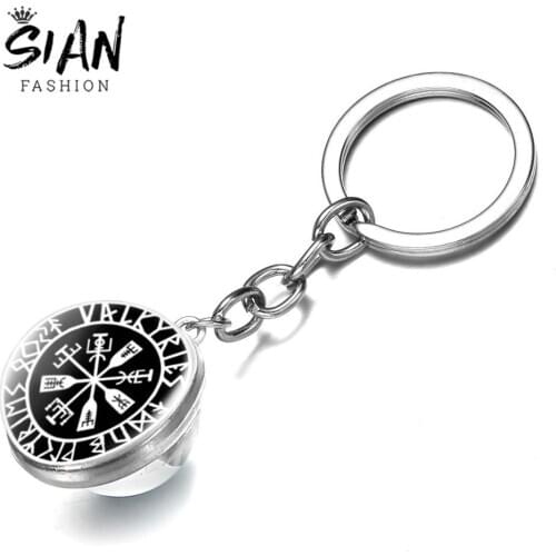 SIAN Vikings Compass Amulet Keychain Nordic Runes Art Pattern Double Sided Glass Ball Key Chain Holder Men Jewelry Scandinavian