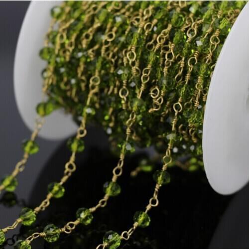5M Gem Olive Faceted Rondelle Rosary Chain,Peridot Quartz Crystal Glass Bead Rosary Wire Wrapped Chain Necklace Jewelry Findings