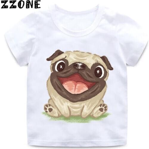 Children Retro Flower Pug Watercolor Print Funny T shirt Girls and Boys Summer White Tops Kids Casual Soft T-shirt