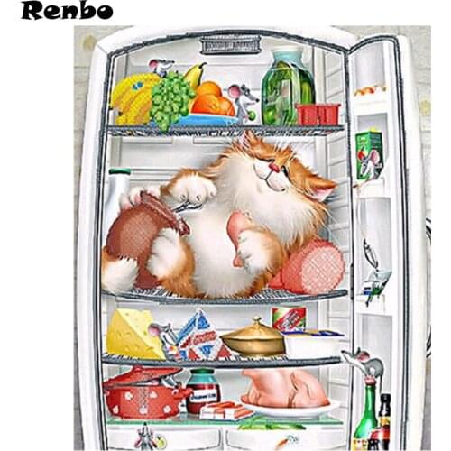 Home decoration diy 5D Resin square diamond painting cross stitch diamond embroidery sale Cat in the refrigerator diamond mosaic