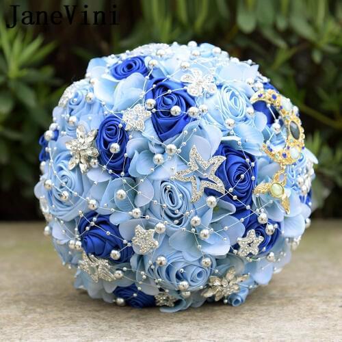 JaneVini 2018 Royal Blue Crystal Bridal Wedding Bouquets Beads Bridal Wedding Brooch Accessories Bouquet De Mariage Artificiel