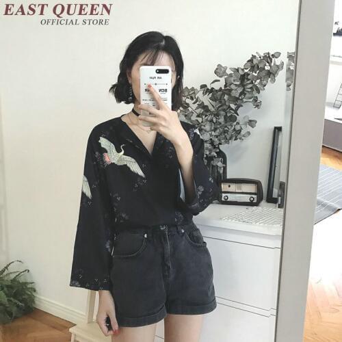 New arrival 2019 black kimono japanese Kimono animal crane printed female cotton short kimono shirt free size AA2771 YQ