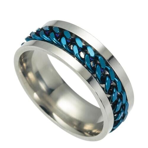 Titanium Steel Rings New Gothic Punk Link Chain Inlay Rotating Circle Rings for Men Blue Black Colorful Male Jewelry