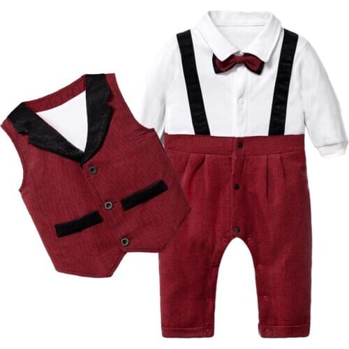 Autumn Newborn Boy Red Vest Clothing Baby Formal Outfit Party Bow Tie Clothes Birthday Boys Romper Dress Wholesale Dropping