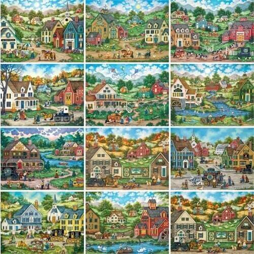 MomoArt 5D DIY Diamond Painting House Full Square Round Diamond Embroidery Town Landscape Handicrafts Home Decor Gift