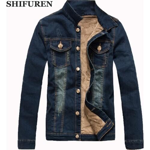 SHIFUREN Mens Denim Jacket with Fleece Winter Warm Long Sleeve Turn-down Collar Jeans Jacket Coat Motorcycle Cowboy Outwear