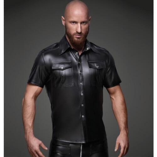 Men Shirts Chinese Size New Arrivals Slim Fit Male Punk Motobike Shirt Solid Short Sleeves Club Uniform PU Leather Mens Shirt