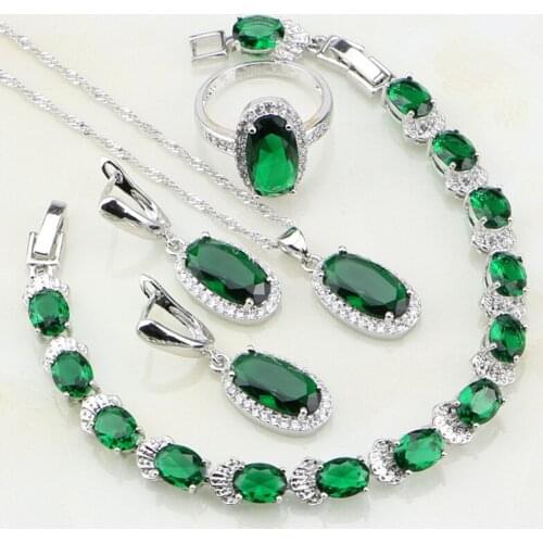 Oval 925 Sterling Silver Jewelry Green Cubic Zirconia White CZ Jewelry Sets For Women Earring/Pendant/Necklace/Bracelet/Ring