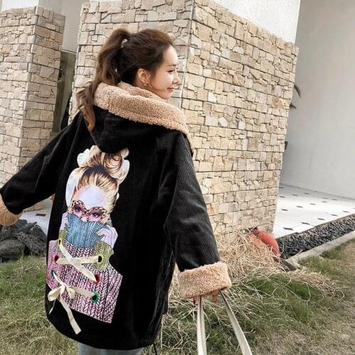 2021 New Arrival Winter Women Loose Casual Long Sleeve Print Coat Warmth Thicken Double Breasted Cotton Corduroy Coats W603