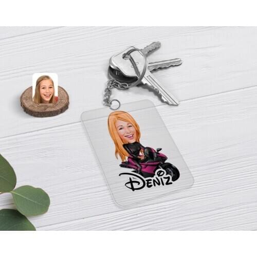 Personalized Women 'S Biker Caricature Of Transparent Plexiglass keychain