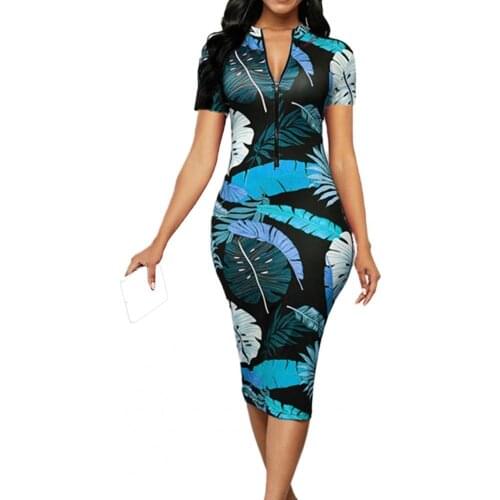 Plus Size Summer Women Dress Fashion Elegant Vintage Printing Deep-V Polyester Slim Short Sleeve Slim-fit Bodycon Midi Dresses