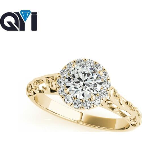 QYI Vintage Carved Solid Yellow 14K Gold Halo Rings Women Round Cut 0.5 ct Sona Simulated Diamond Women Engagement Wedding Ring