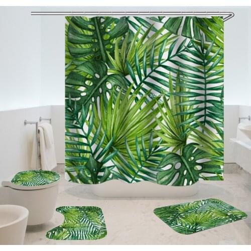 Nordic style green tropical plant leaf print curtain bathroom shower non-slip bathtub mat cover toilet mat