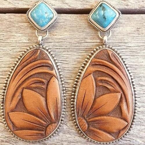 Vintage Brown Flower Pattern Earrings For Women Gift Ethnic Big Water Drop Dangle Earring Oorbellen Cowboy Party Jewelry L4M027
