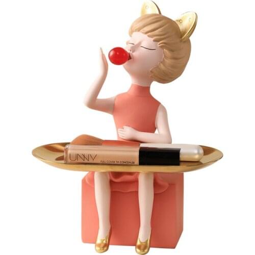 WEILEAD Resin Cute Bunny Ears Girl Storage Tray Statues For Decoration Modern Nordic Creative Figurines Study Desktop Ornament