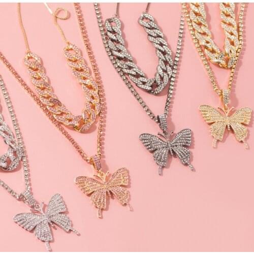 Jewelry Popular Exaggerated Diamond Inlaid Butterfly Women Double Layer Fashion Fine Pendant Necklaces Clavicle Claw Chain Girl
