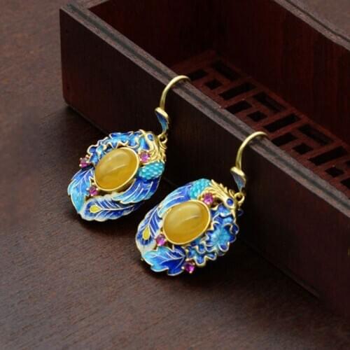 FNJ Amber Earrings 925 Silver Original Pure S925 Sterling Silver Drop Earring for Women Jewelry Gold Color Enameling Peacock