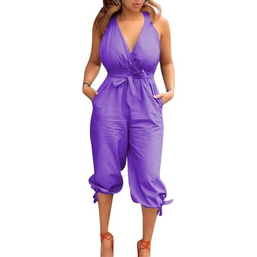 Sexy Deep V Neck Jumpsuits Women Backless Solid Sleeveless Rompers 21 Summer Purple Red Elegant Jumpsuit Female Feminina LD1806