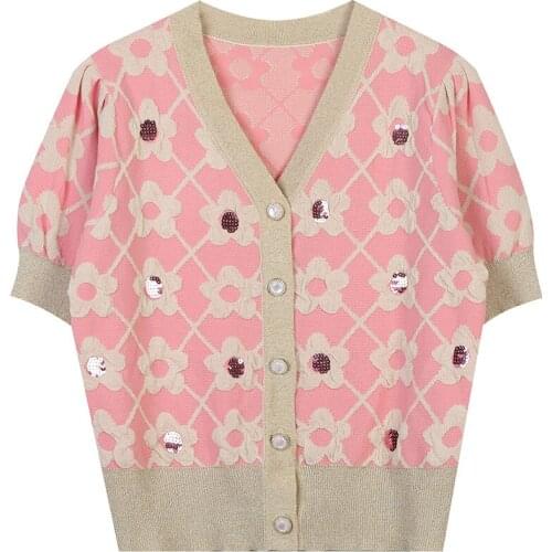 Summer Spring Short Fashion Sequins Flower V-neck Single Breasted Sweater Cardigan Women Short Sleeve Knit Tops YOU351