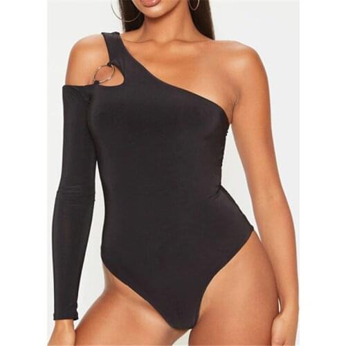 Sexy Irregular One Shoulder Bodysuit Overalls For Women Casual Solid Long Sleeve Chic Metal Ring Tops Spring 2021 New Arrivals