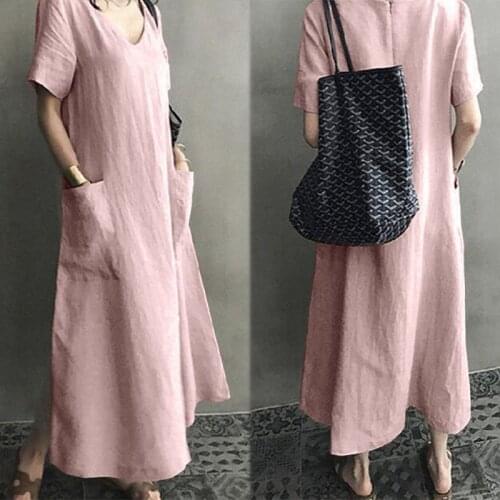 Creative 2021 Summer Literary National Style Retro Women Cotton V-neck Simple Solid Color Loose Big Swing Dress Free Shipping