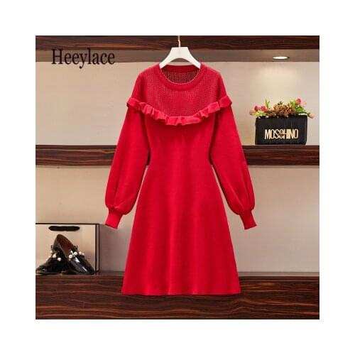 Plus size women autumn winter long sleeve knit sweater dresses korean slim A-line ruffles patchwork female dresses women vestido
