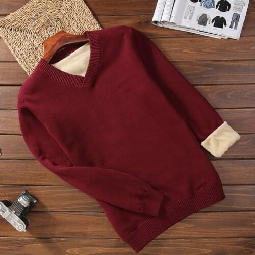 Winter Men Sweater Plus Velvet 2021 New Arrival Thick Keep Warm Male Knitted Pullover Sweater V-Neck Fashion Korean Style M89