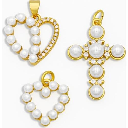 OCESRIO Gold Small Heart Pendant CZ Charm for Jewerly Making Pearl Cross Charms for Necklaces and Bracelets Jewelry pdta287