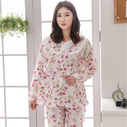 100% Cotton Pajamas Women Spring Autumn Long-Sleeved Cotton Home Service Cardigan Mother Thin Loose Woven Cotton Suit Пижам