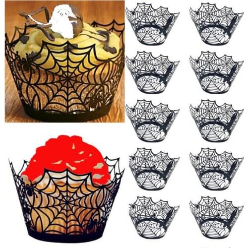 12pcs Halloween Hollow Paper Cup Spider Web Castle Cake Wrap Witch Horror Castle Pattern Cake Decor DIY Baking Tool Wholesale
