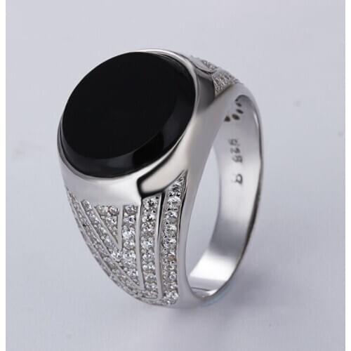 925 Sterling Silver Ring High-end Luxury Bright Diamond Natural Black Agate Male Ring